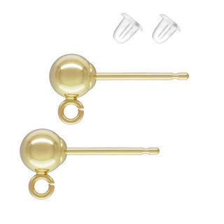 4pcs Real 1/20 14K Gold Filled 4mm Ball Earring Posts, Open Ring, with 4pcs Plastic Earring Backs, JK1-D4