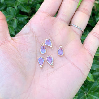 10pcs Grade A June Alexandrite Purple Teardrop Birthstone Charm Drop, 18K Yellow Gold Plated Brass, Size Selections: 11x7mm, 14x8mm, 16x9mm