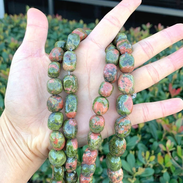 Natural Unakite Jasper Gemstone Tumbled Nugget Beads, Irregular, 10mm-13mm, Hole ID 1mm, 1 Strand/15 Inch, GZ4-10