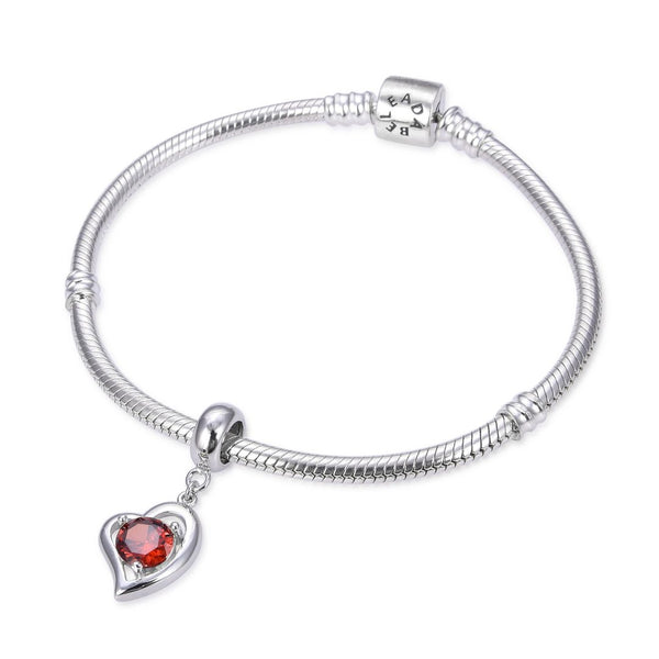1pc 925 Sterling Silver Love Heart January Birthstone Charm Drop, Red Cubic Zirconia CZ, 26mm (1 inch) Long, Hole ID 4.5mm, EC1-E1