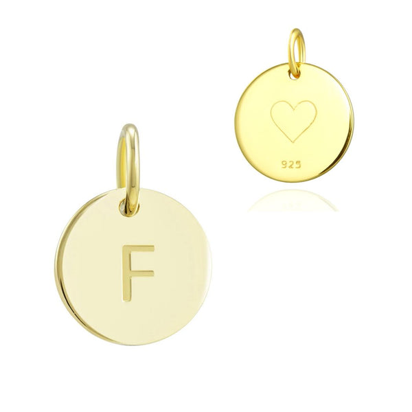 1pc 925 Sterling Silver 12mm Letter F Charm, Real 18K Yellow Gold Plated, Heart Engraved, Name Initial Disc Coin Pendant Drop, SLP-G6