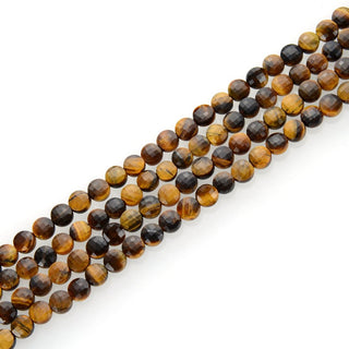 Natural Yellow Tiger Eye Gemstone Faceted Flat Round Coin Beads, 6mm, Hole ID 1mm, 15 Inch/1 Strand, GZ13-10