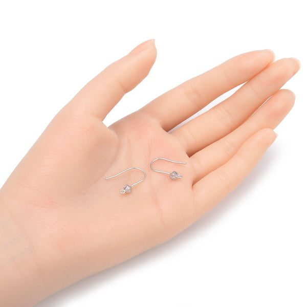 4pcs 925 Sterling Silver Fancy Earring Hooks, 3mm Cubic Zirconia CZ, Tarnish Resistant Rhodium Plated, 18mm, SS443