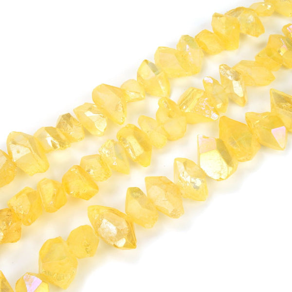 Natural Raw Crystal Quartz Nugget Drilled Gemstone Beads, Topaz Yellow AB Titanium Coated Stone Nuggets, 15 Inch, GA-B11
