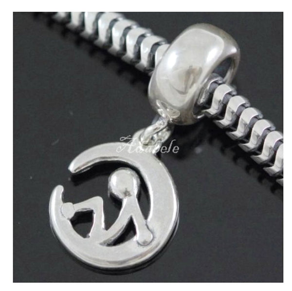 1pc Solid 925 Sterling Silver Sitting on the Moon Blessed Bead Charm, Compatible with Pandora All Other Charm Bracelet, EC510