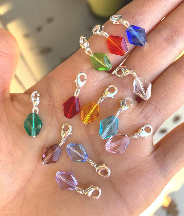 1 Set/12pcs Mixed Clip On Dangle Birthstone Charm Drops, 10mm Rhombus Diamond Crystal Beads, Sterling Silver Plated Clasp, BL10