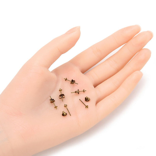 100pcs Earring Posts Glue In Settings, with 100pcs Earring Backs, Antique Bronze Plated Brass, Cup Size Selections: 3mm/4mm/6mm/8mm