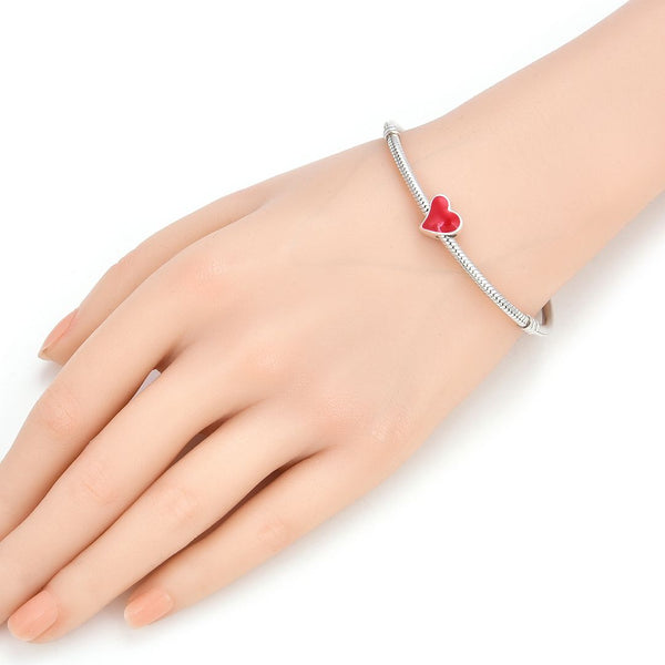 1pc Real 925 Sterling Silver Red Enamel Love Heart Bead Charm, Compatible with Pandora All Other Charm Bracelet, EC4-B3