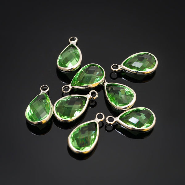 10pcs Grade A August Peridot Green Teardrop Birthstone Charm Drop, Sterling Silver Plated Brass, Size Selections: 11x7mm, 14x8mm, 16x9mm