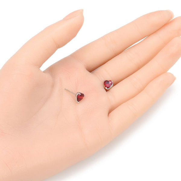 1 Pair 925 Sterling Silver January Red Love Heart Birthstone Stud Earrings, 6mm/0.84 Carat Cubic Zirconia CZ Created Garnet Stone, SSE79-1