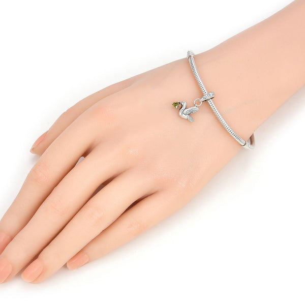 1pc 925 Sterling Silver Bird Charm, Freedom Lover August Birthstone Charm Drop, Green Peridot Cubic Zirconia CZ, 20mm Long, Hole ID 4.5mm, EC1-D8