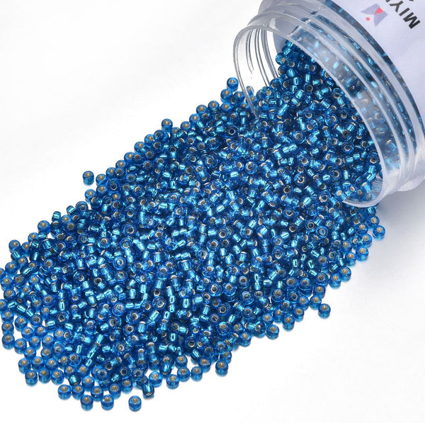25g Miyuki Rocaille 11/0 Round Seed Beads Silver-lined Capri Blue RR-25