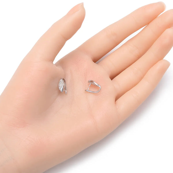 2pcs 925 Sterling Silver 13mm Leaf-Shaped Pinch Bail, Pendant Clasp, Tarnish Resistant Rhodium Plated, Cubic Zirconia CZ, SS204-3
