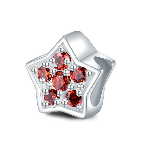 1pc 925 Sterling Silver Star Charm January Birthstone Bead Charm, Siam Red Garnet Cubic Zirconia CZ, 10x9.5mm, Hole ID 4.5mm, EC1-K1