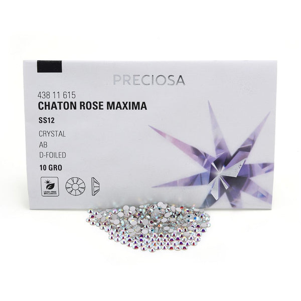 100pcs Genuine Preciosa MAXIMA Chaton Rose Round Flat Back Crystal Rhinestone, Foil Back, Crystal AB, SS12, 3-3.2mm, Prm-S122