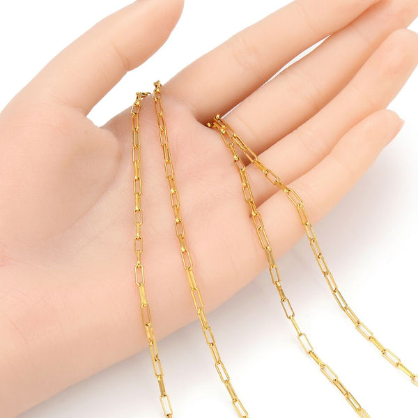 16.5 Feet Tarnish Resistant Paperclip Cable Chain Link, 24K Yellow Gold Plated, Long Lasting, Size Selections: 6.7x2.3mm, 7.4x3.4mm, 9.6x3.5mm