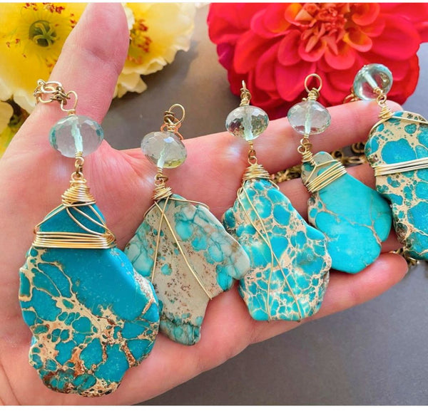 5pcs Natural Grade A Turquoise Blue Impression Aqua Terra Jasper Beads, Large Flat Slab Gemstone Beads, Smooth Free Form, 15-45mm, Hole ID 1mm, GX7