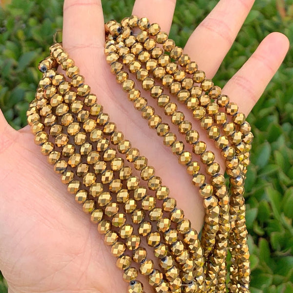 500pcs Creative Club Faceted Rondelle Crystal Glass Beads, Gold Aurum, 6x4mm, Hole ID 1mm, CCR633