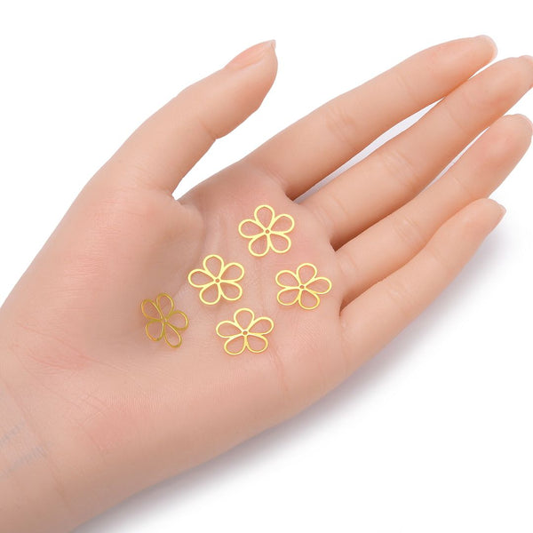 10pcs 15mm Flower Floral Beading Links, Tarnish Resistant, 18K Yellow Gold Plated Brass, BFW-B8