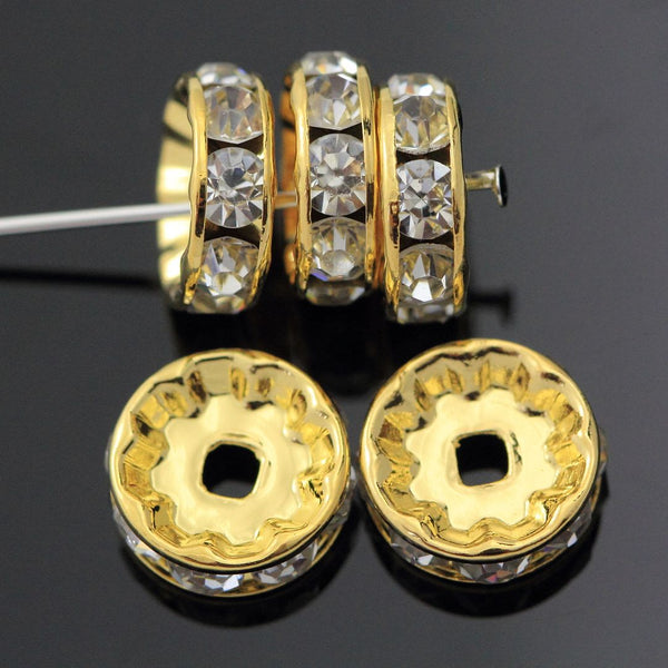 100pcs Grade A Rhinestone Rondelle Beads, Clear Rhinestone, 18K Yellow Gold Plated Brass, Size Selections: 4mm/5mm/6mm/8mm/10mm/12mm