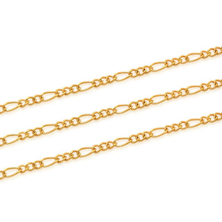 16.5 Feet Tarnish Resistant Diamond Cut Figaro Chain Link, 24K Yellow Gold Plated, Long Lasting, Size Selections: 2mm/2.5mm