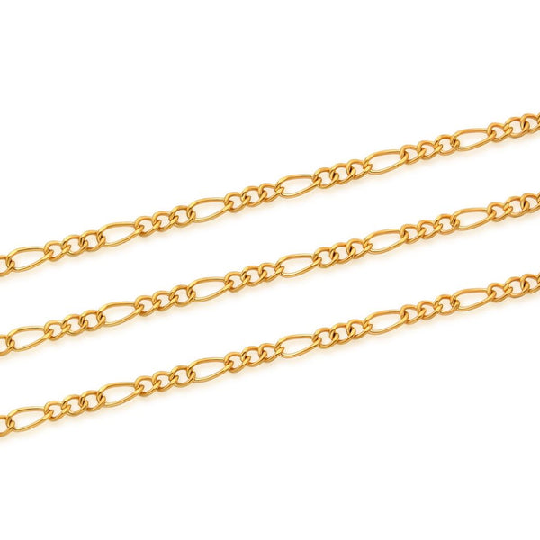 16.5 Feet Tarnish Resistant Diamond Cut Figaro Chain Link, 24K Yellow Gold Plated, Long Lasting, Size Selections: 2mm/2.5mm