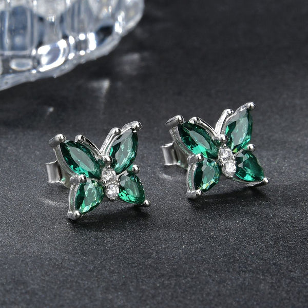 1 Pair 925 Sterling Silver May Birthstone Butterfly Stud Earrings, 10mm, Cubic Zirconia CZ Green Emerald Stone, SSE83-5