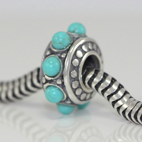 1pc Real 925 Sterling Silver Flower Blue Turquoise Gemstone Bead Charm, Compatible with Pandora All Other Charm Bracelet, EC6-B8