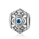 1pc 925 Sterling Silver Round Flower Pattern March Birthstone Bead Charm, Blue Aquamarine Cubic Zirconia CZ, 11.2x9.5mm, Hole ID 4.5mm, EC1-G3