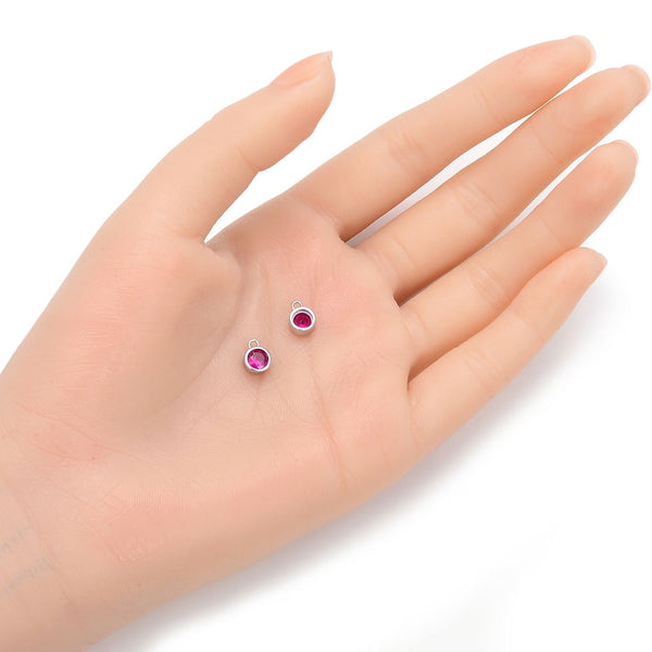 2pcs 925 Sterling Silver 6mm July Birthstone Charm Drop Pendants, Tarnish Resistant, Ruby Red Cubic Zirconia Gemstone, SXP8-7