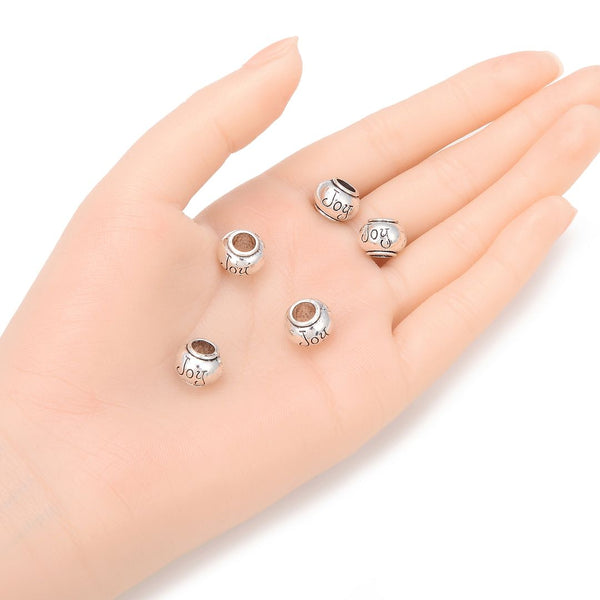 20pcs Joy Happiness Large Hole Beads, Hole ID 4.5mm, Antique Silver, Zinc Alloy Metal, MEC-C10