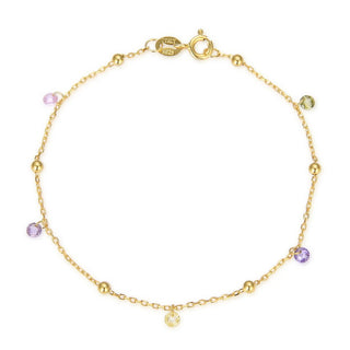 1pc 925 Sterling Silver 2.5mm Bead Station Cable Chain Bracelet with CZ Gemstone Drops, Real 18K Yellow Gold Plated, Length Selections: 7 inch/7.5 inch