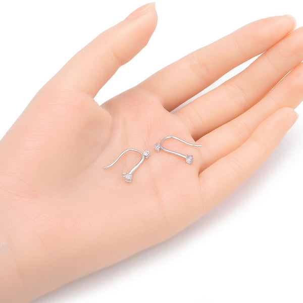 4pcs 925 Sterling Silver Fancy Earring Hooks, 2 Cubic Zirconia CZ, Tarnish Resistant Rhodium Plated, 18mm, SS478