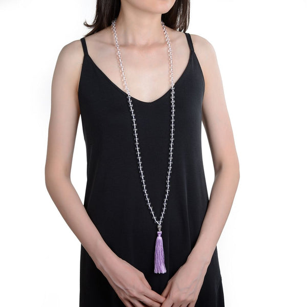 Adabele Premium 108 Mala Bead Tassel Necklace, 8mm Natural Grade A White Quartz Clear Crystal Gemstone, Buddhist Japa Prayer Beaded Jewelry RGN13