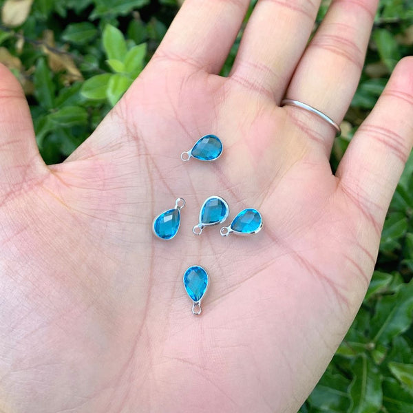 10pcs Grade A March Aquamarine Blue Teardrop Birthstone Charm Drop, Sterling Silver Plated Brass, Size Selections: 11x7mm, 14x8mm, 16x9mm