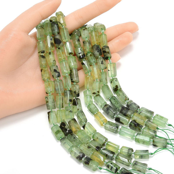 Natural Green Prehnite Crystal Gemstone Faceted Tube Beads, 14x7mm, Hole ID 1mm, 15 Inch/1 Strand, GZ8-13