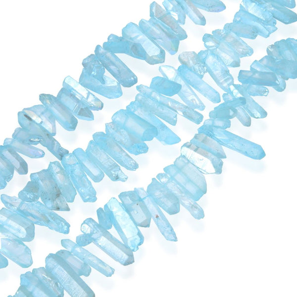 1 Strand Natural Raw Crystal Quartz Gemstone Beads, Small Drilled Stone Points, Aqua Blue AB Titanium Coated Stone Stick, 15 Inch, GA7
