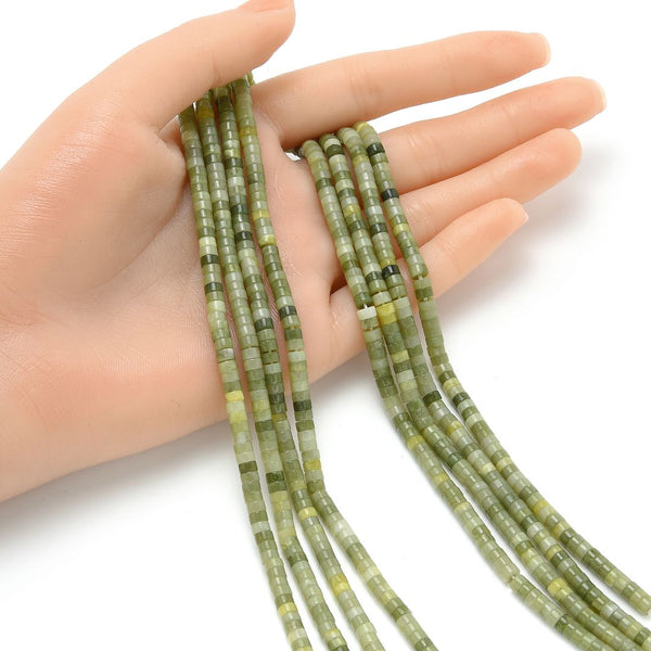 Natural Green Jade Gemstone Heishi Tube Rondelle Beads, 4x2mm/Small, Hole ID 0.9mm, 14.5 Inch/1 Strand, GH-C18