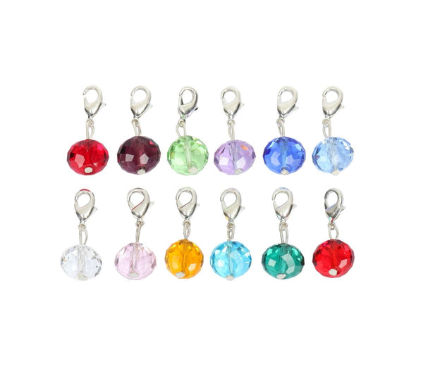 1 Set/12pcs Mixed Clip On Dangle Birthstone Charm Drops, 8mm Rondelle Crystal Beads Sterling Silver Plated Clasp, BL8