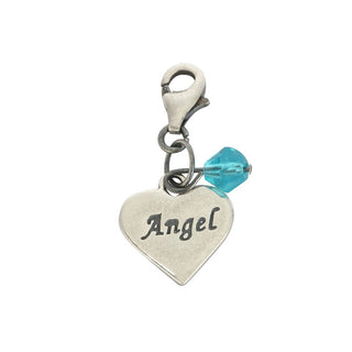 Clip On Solid Sterling Silver Love Heart Angel March Aquamarine Blue Birthstone Charm