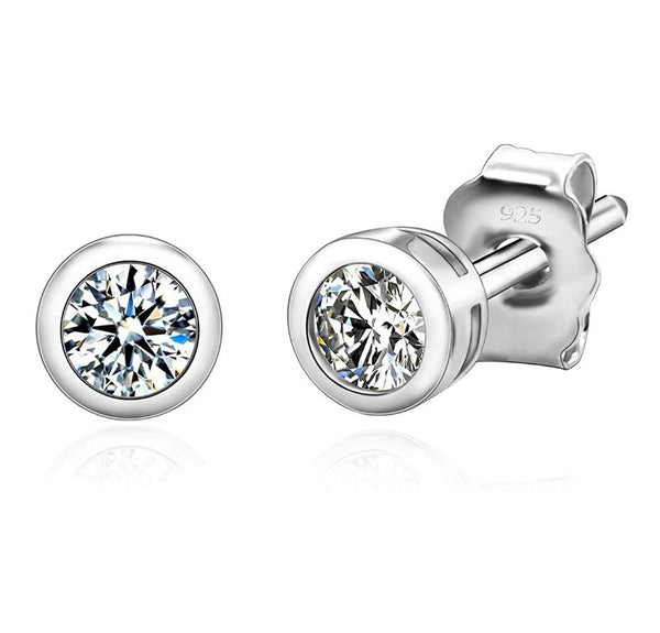 1 pair 925 Sterling Silver 3mm Bezel Stud Earrings, Round Cut Cubic Zirconia CZ Diamond, Small Tiny, SSE76-3