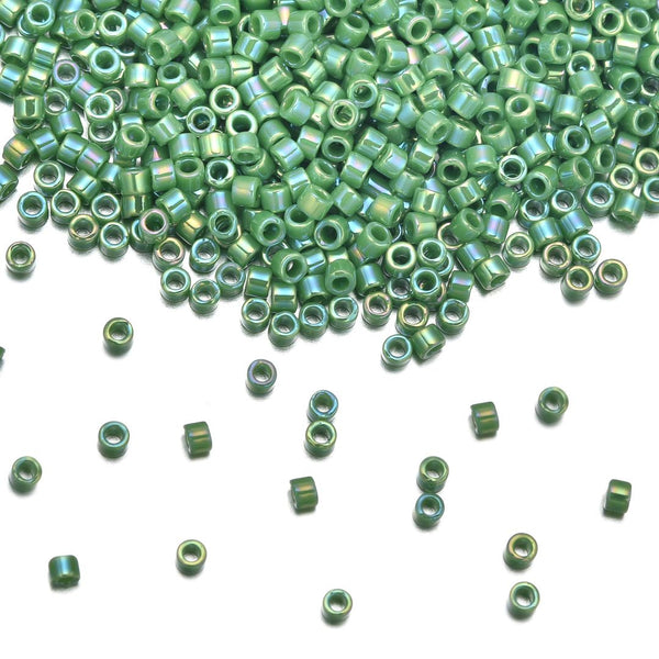 7.5g Miyuki Delica 11/0 Seed Beads, Opaque Rainbow Green DB163