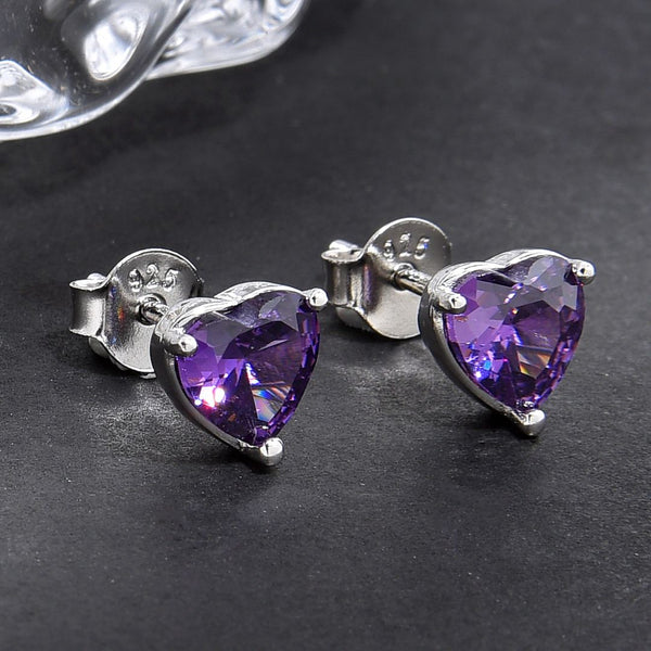 1 Pair 925 Sterling Silver February Love Heart Birthstone Stud Earrings, 6mm/0.84 Carat Cubic Zirconia CZ Purple Amethyst Stone, SSE79-2