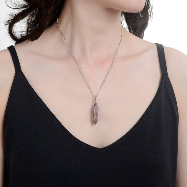 1pc Natural Rhodonite Pink Black Gemstone Pendant Necklace, 18 Inch Surgical Stainless Steel Chain, GGP-E10