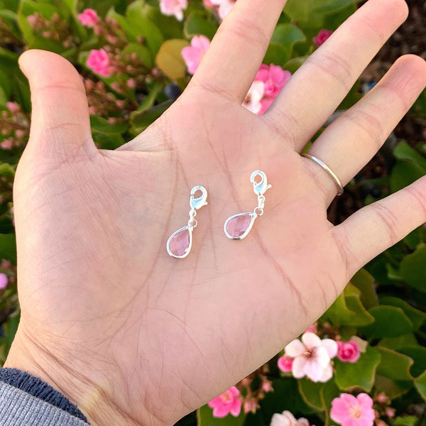 2pcs Clip On Dangle October Light Rose Pink Birthstone Charm Drops, Tarnish Resistant, Sterling Silver Plated Lobster Clasp, BL7-10
