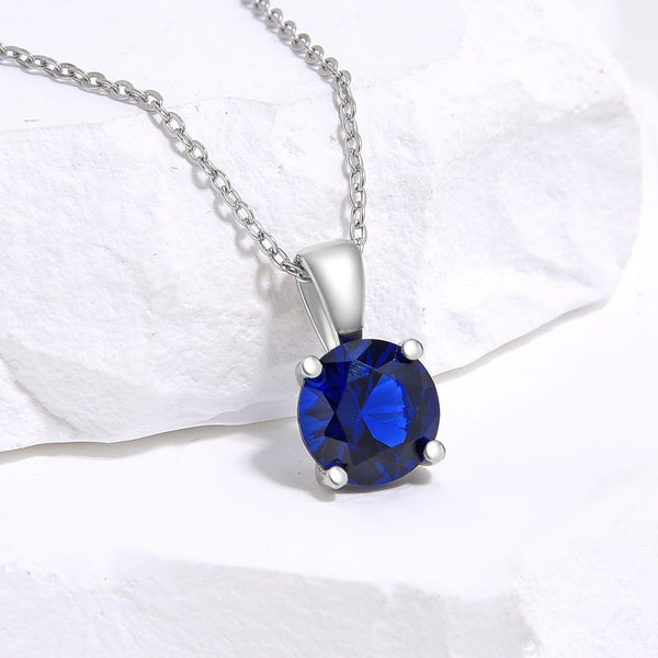 925 Sterling Silver September Birthstone Solitaire Necklace, 8mm/2 Carat Blue Sapphire Cubic Zirconia CZ, Length Selections: 16 inch/18 inch