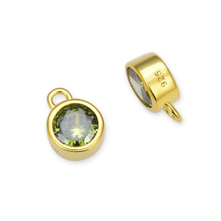 2pcs 925 Sterling Silver 6mm August Birthstone Charm Drop Pendants, Real 18K Yellow Gold Plated, Peridot Green Cubic Zirconia Gemstone, SXP7-8