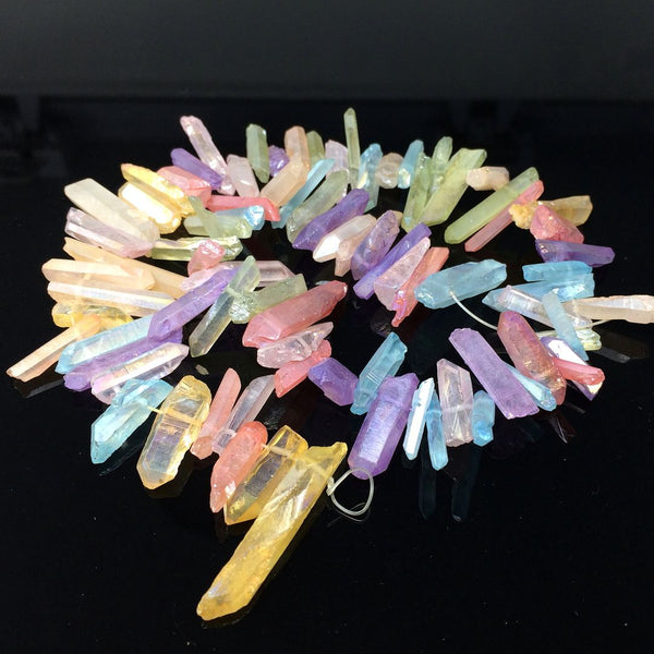 1 Strand Natural Raw Crystal Quartz Gemstone Beads, Small Drilled Stone Points, Chakra Rainbow AB Titanium Coated Stone Stick, 15 Inch, GA6
