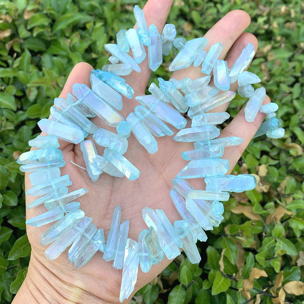 1 Strand Natural Raw Crystal Quartz Gemstone Beads, Small Drilled Stone Points, Aqua Blue AB Titanium Coated Stone Stick, 15 Inch, GA7