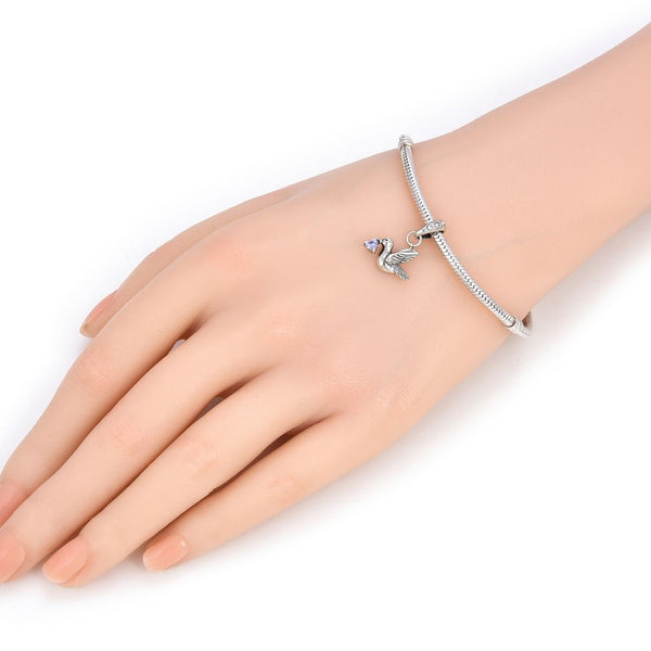 1pc 925 Sterling Silver Bird Charm, Freedom Lover June Birthstone Charm Drop, Light Purple Alexandrite Cubic Zirconia CZ, 20mm Long, Hole ID 4.5mm, EC1-D6